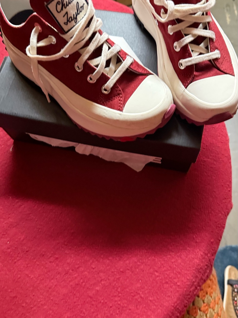 Converse Cream Canvas Sneakers with Red Stitching and Pink Insole Accents